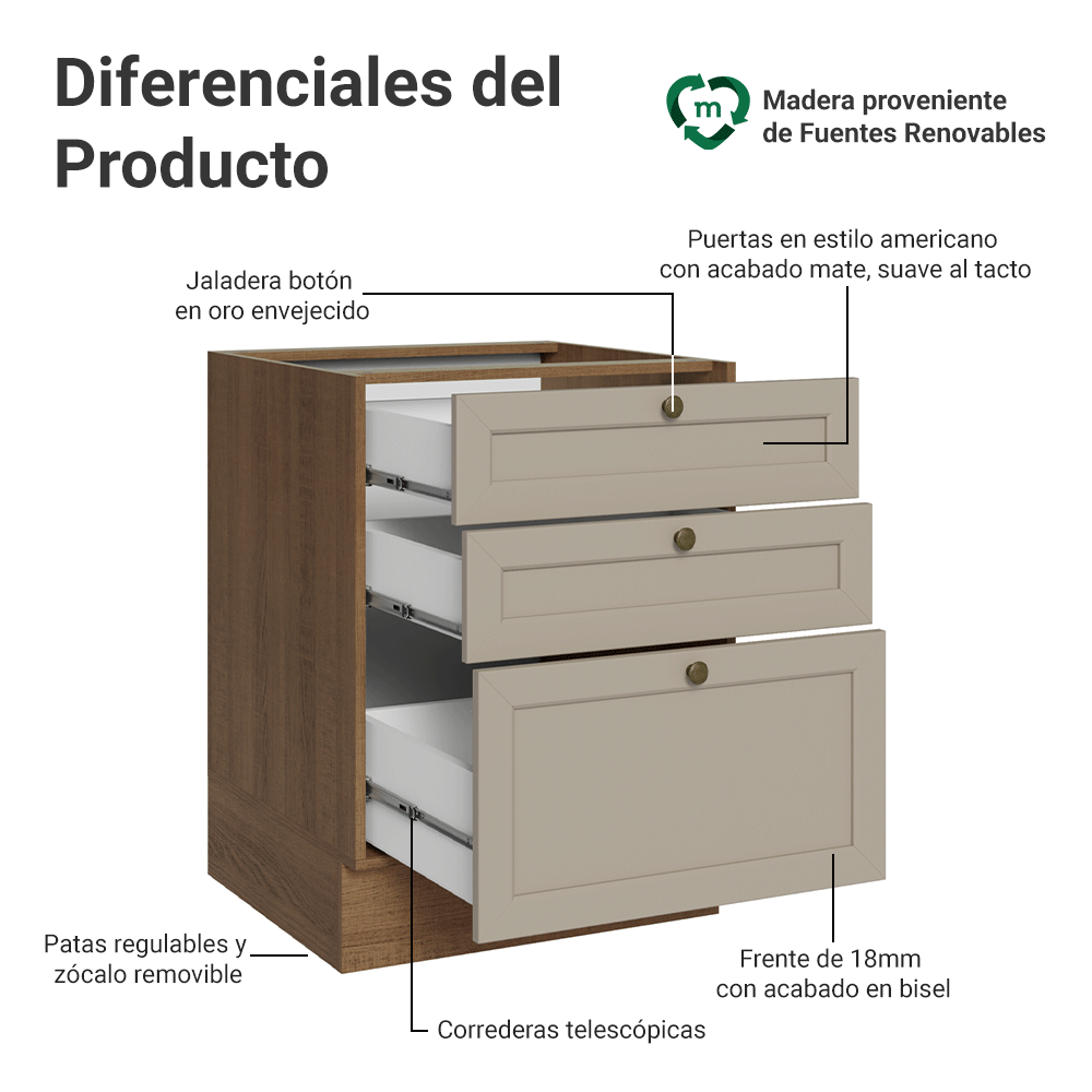 Bajo Mesada 60 x 60 cm 3 Cajones (Sin Mesada) Marrón/Crema Vik Madesa