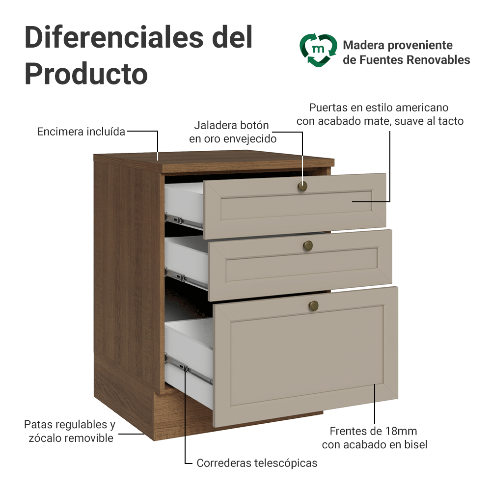 Bajo Mesada 60 x 60 cm 3 Cajones (Con Mesada) Marrón/Crema Vik Madesa