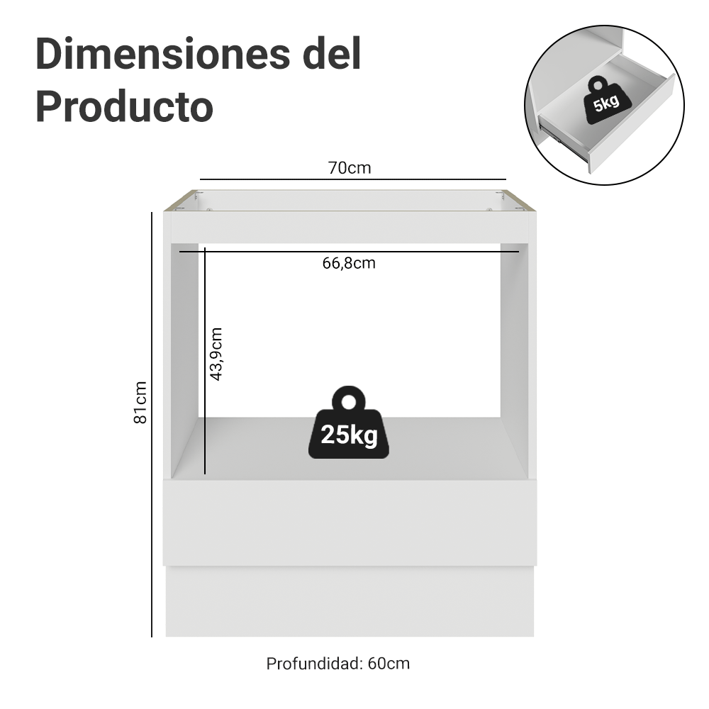 Bajo Mesada para Horno/Microondas 70 x 60 cm 1 Cajón (Sin Mesada) Blanco Madesa