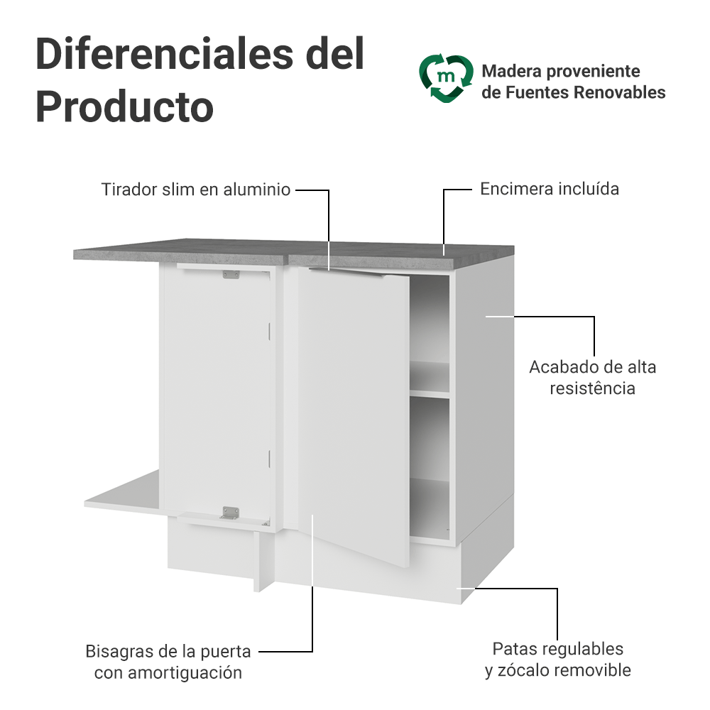 Bajo Mesada Cocina Esquinera 1 Puerta 60 cm Profundidad (Con Mesada) Blanco Stella Madesa