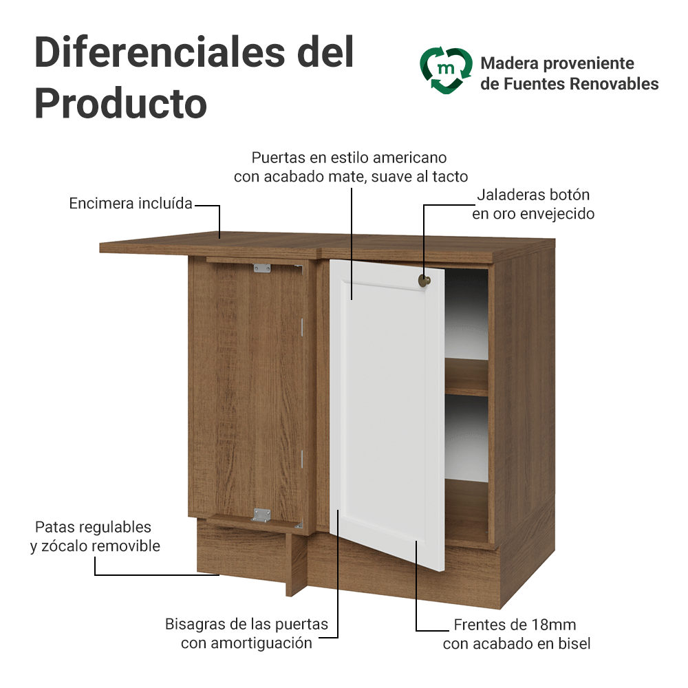 Bajo Mesada Esquinero 102 cm x 64 cm (con Mesada) Marrón/Blanco Vik Madesa