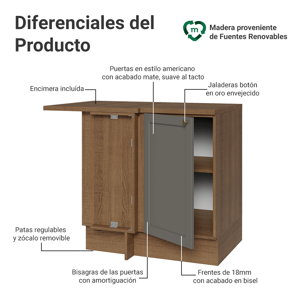 Bajo Mesada Esquinero 102 cm x 64 cm (con Mesada) Marrón/Gris Vik Madesa