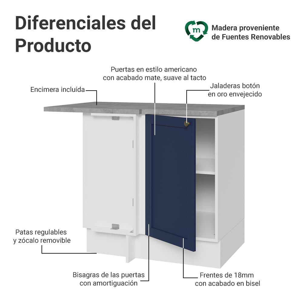 Bajo Mesada Esquinero 102 cm x 64 cm (con Mesada) Blanco/Azul Vik Madesa