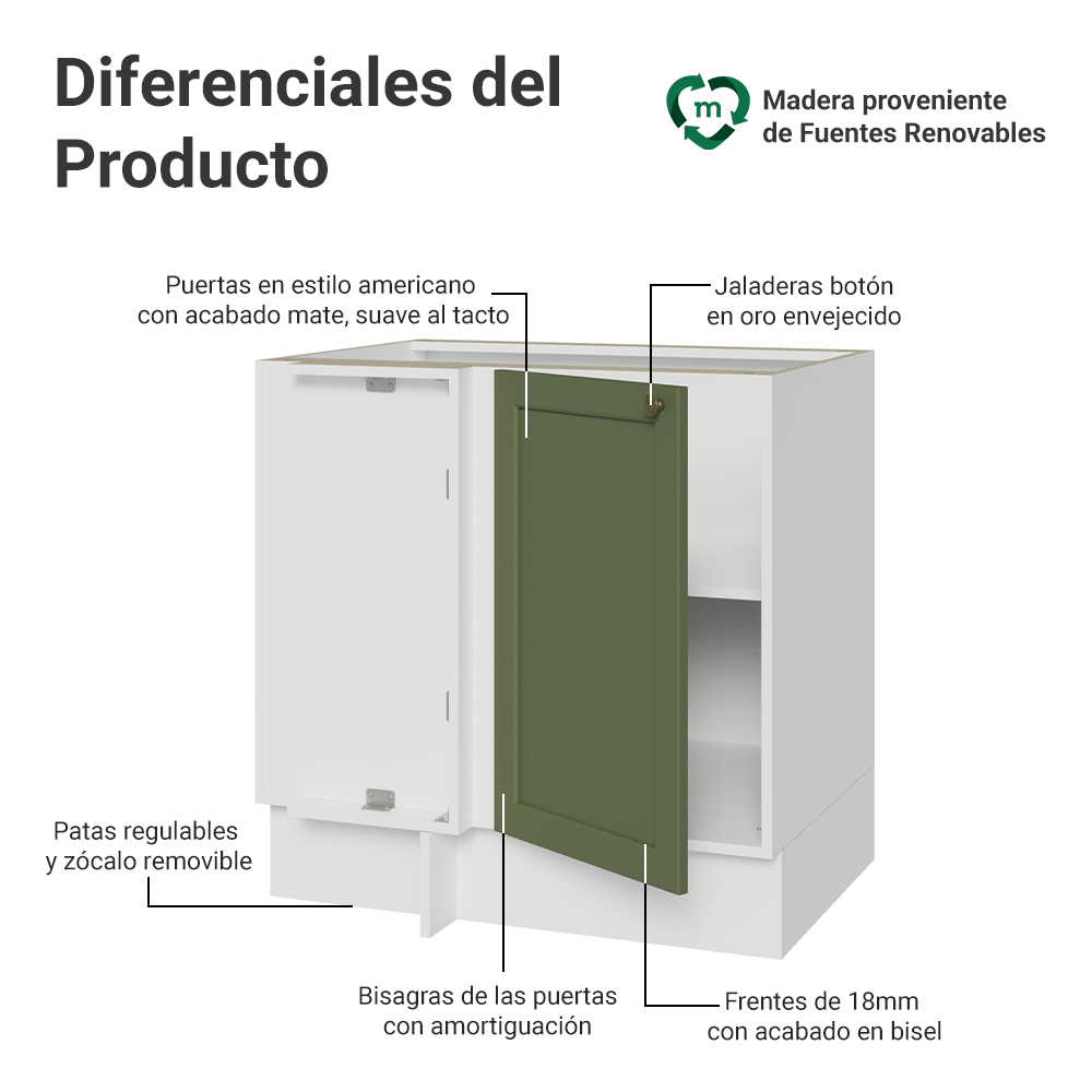 Bajo Mesada Esquinero 102 cm x 64 cm (Sin Mesada) Blanco/Verde Vik Madesa