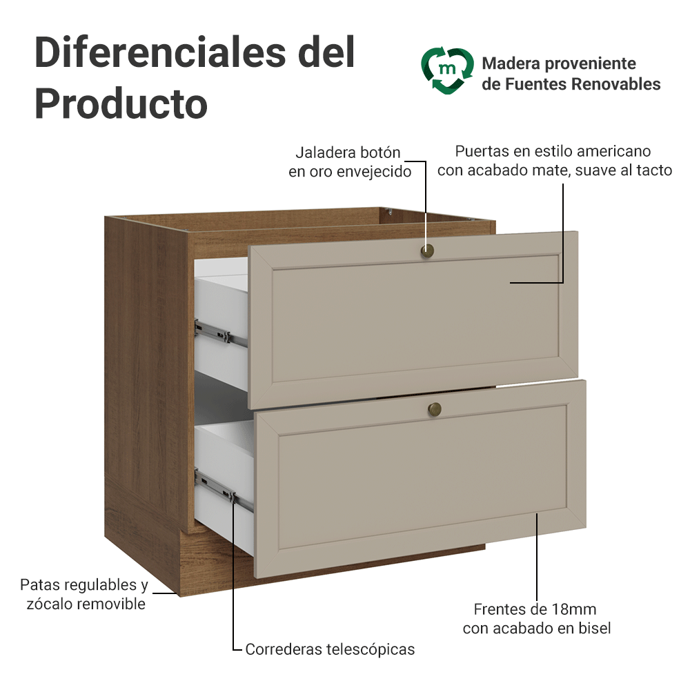Bajo Mesada 80 x 60 cm 2 Cajones (Sin Mesada) Marrón/Crema Vik Madesa
