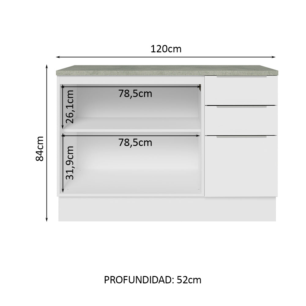 Bajo Mesada Cocina 120 cm 3 Cajones 2 Puertas (Con Mesada) Blanco Stella Madesa
