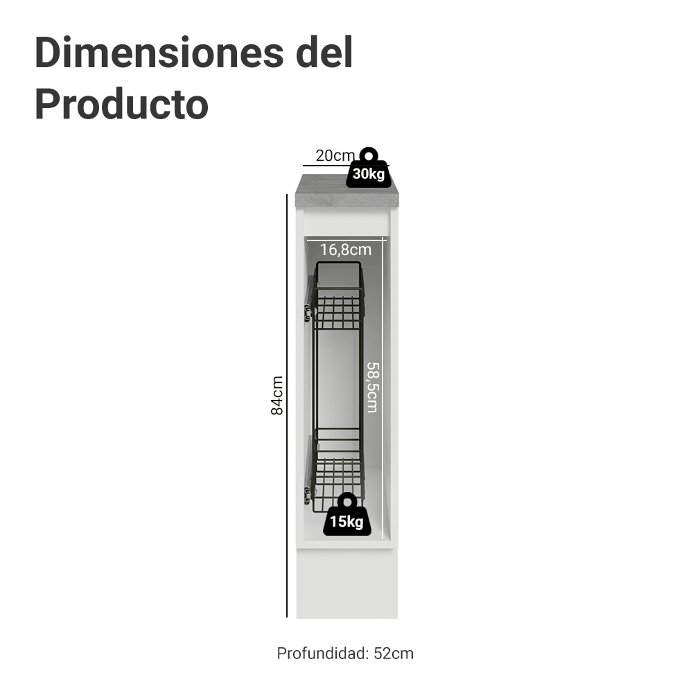 Bajo Mesada Especiero 20 cm 1 Puerta (Con Mesada Gris) Blanco/Gris Vik