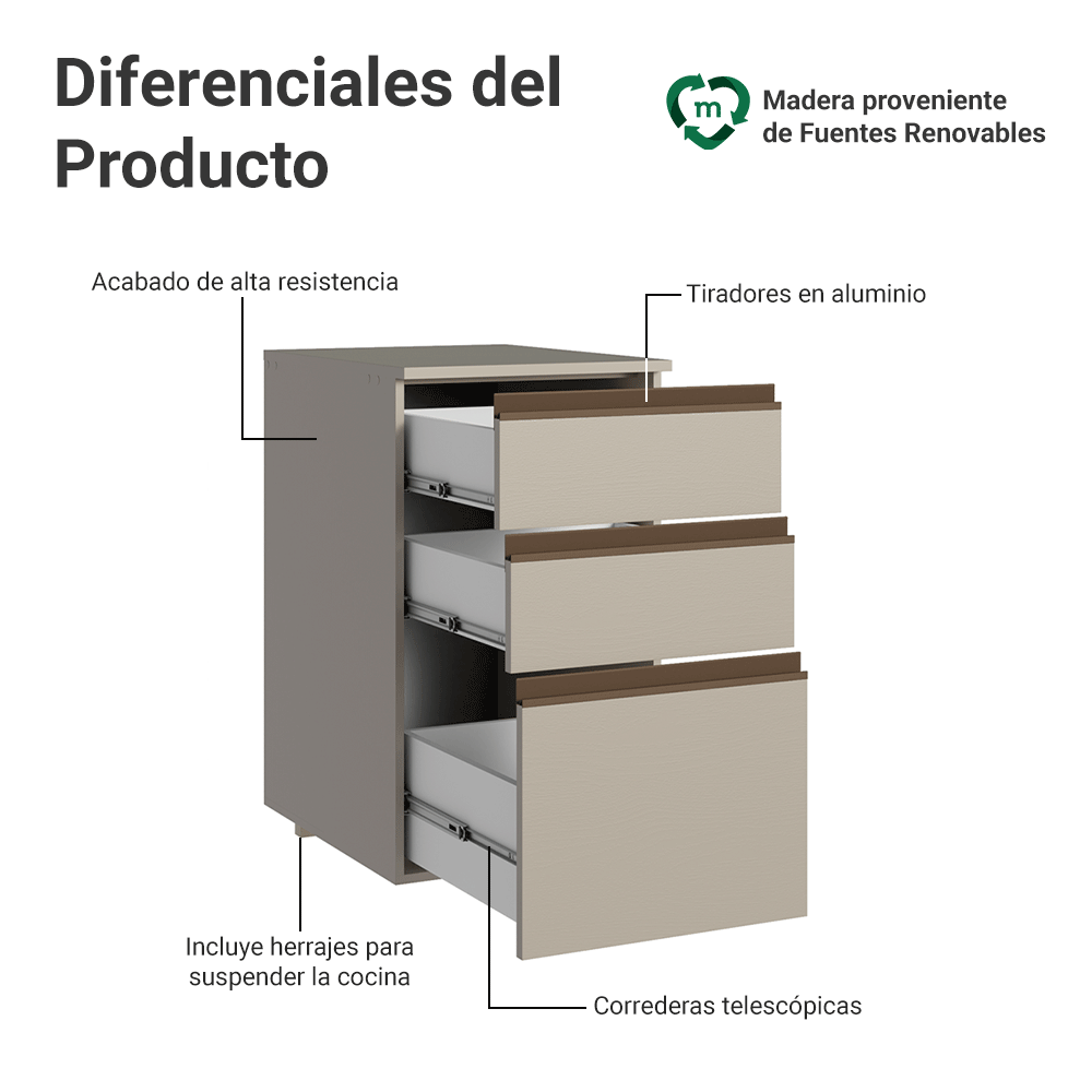 Bajo Mesada 40 cm 3 cajones Flotante Crema Nice