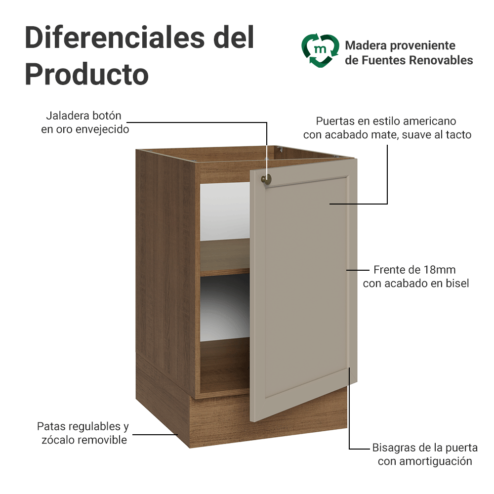 Bajo Mesada 50cm 1 Pueta (Sin Mesada) Marrón/Crema Vik Madesa