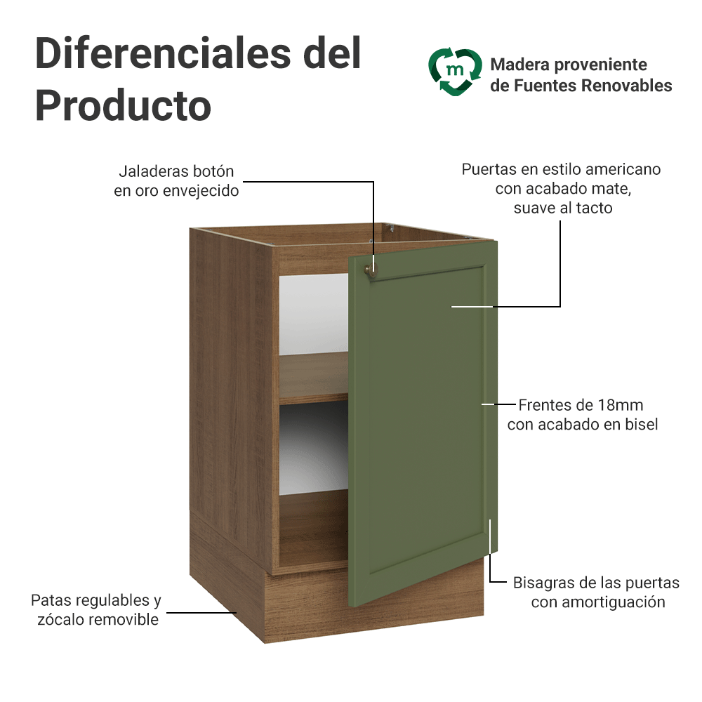 Bajo Mesada 50cm 1 Puerta (Sin Mesada) Marrón/Verde Vik Madesa