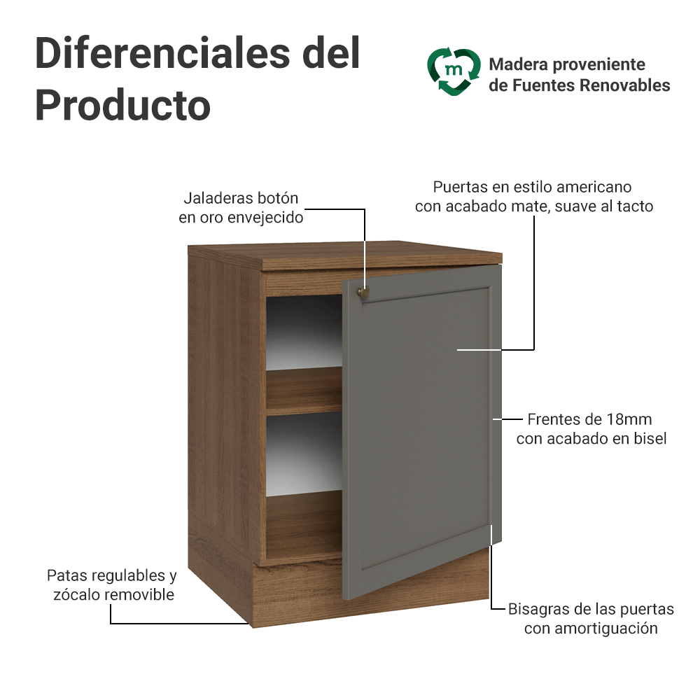 Bajo Mesada de Cocina 60 cm 1 Puerta Marrón/Gris Vik Madesa
