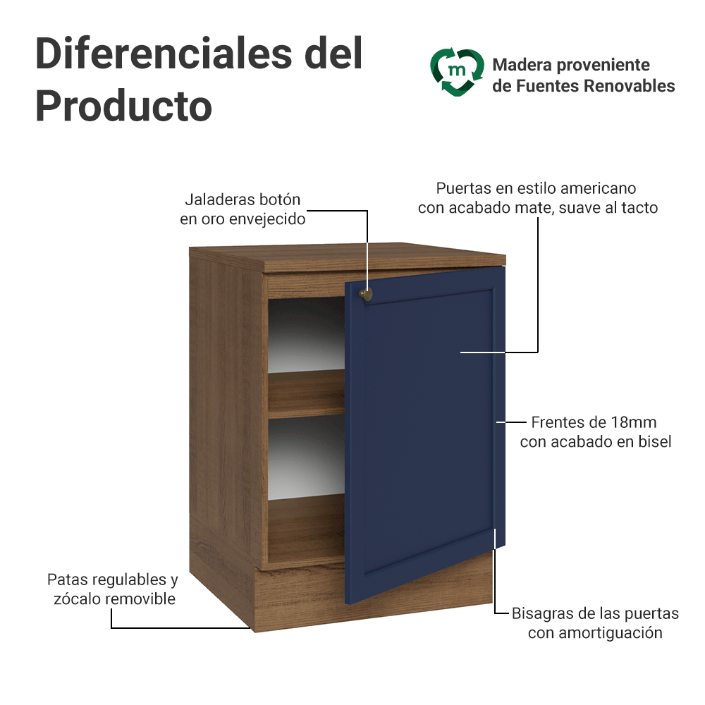 Bajo Mesada de Cocina 60 cm 1 Puerta Marrón/Azul Vik Madesa