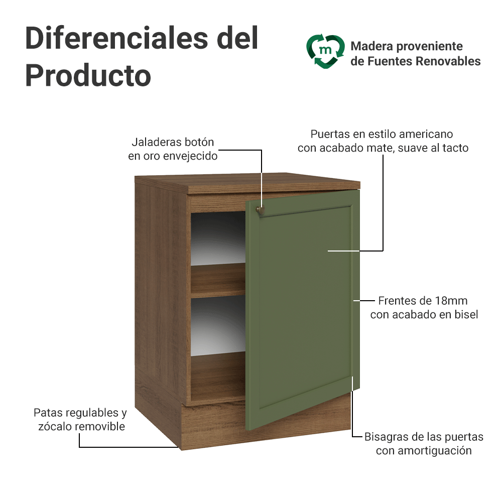 Bajo Mesada de Cocina 60 cm 1 Puerta Marrón/Verde Vik Madesa