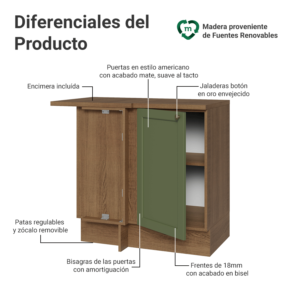 Bajo Mesada esquinero 1 Puerta Marrón/Verde Vik Madesa