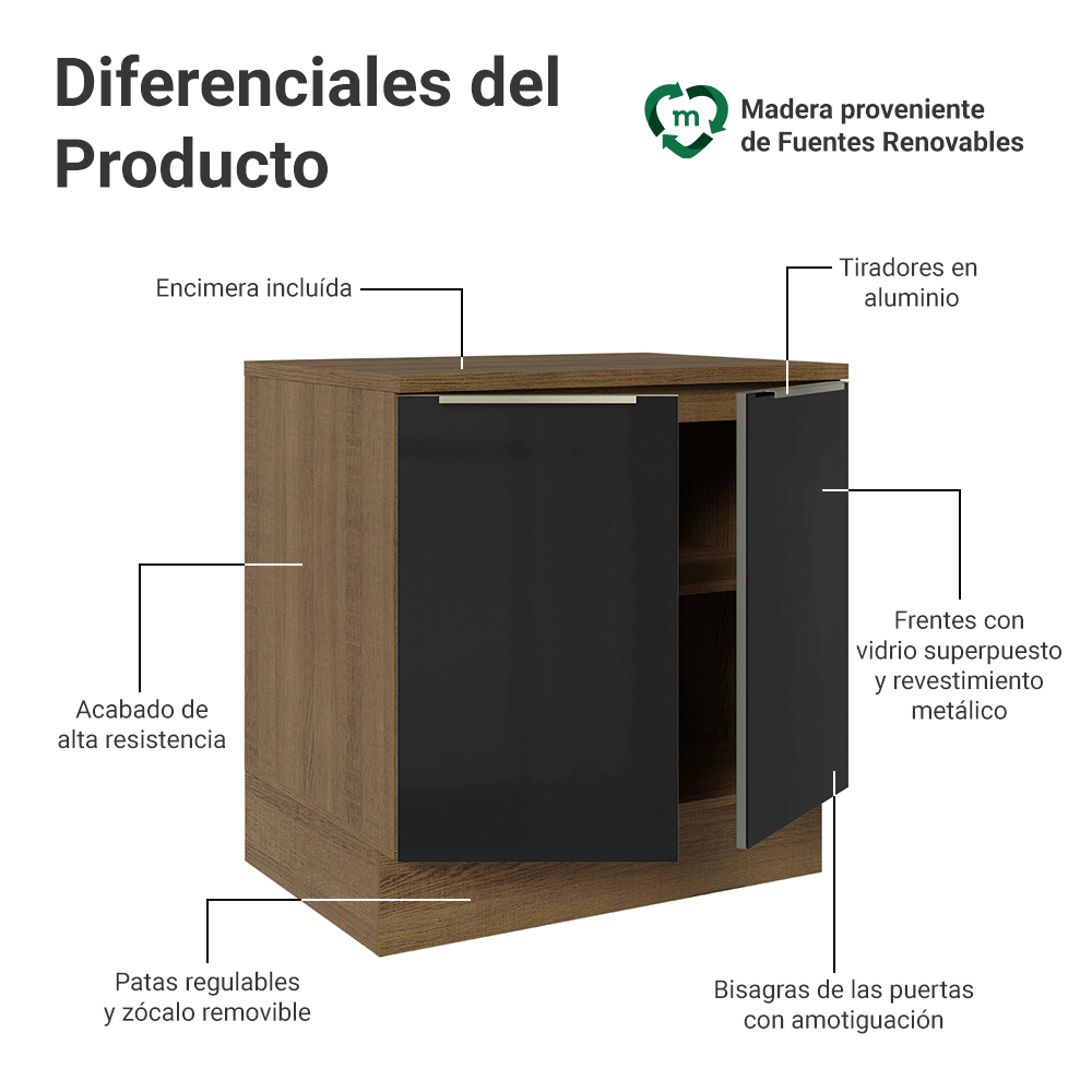 Bajo Mesada de Cocina 80 cm 2 Puetas (Con Mesada) Marrón/Negro Lux Madesa