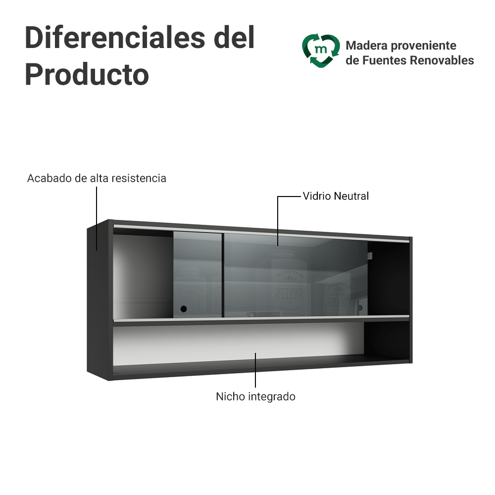 Alacena 2 Puertas corredizas de Vidrio Neutral e 1 Nicho Negro Madesa