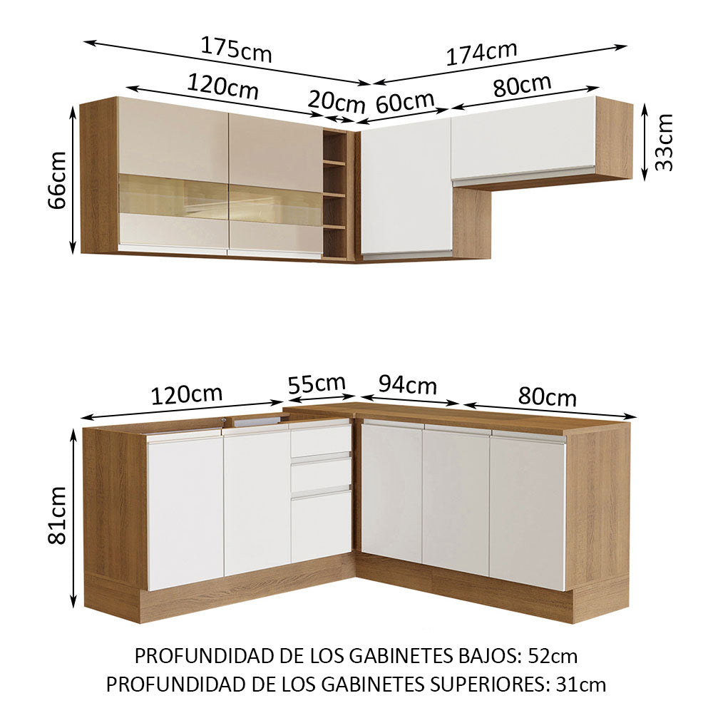 Combo Completo de Cocina Esquinera 349 cm Marrón/Blanco/Crema Glamy Madesa 01