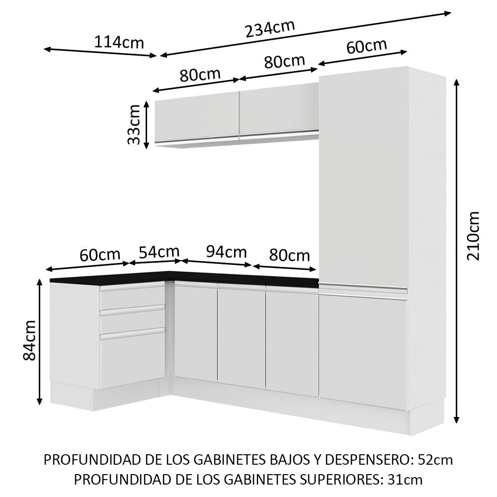Kit Lavadero Madesa Acordes 100% MDF con Alacena, Cajonera y Bajo Mesada Esquinero Blanco Brillante