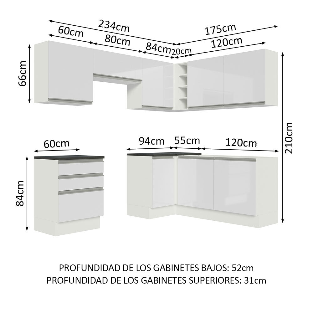 Combo Completo de Cocina Esquinera 100% MDF 409 cm Frentes Blanco Brillante Acordes Madesa 01