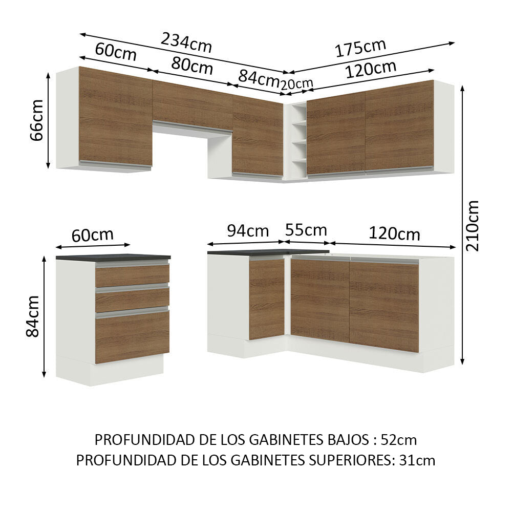 Combo Completo de Cocina Esquinera 100% MDF 409 cm Blanco/Marrón Acordes Madesa 01