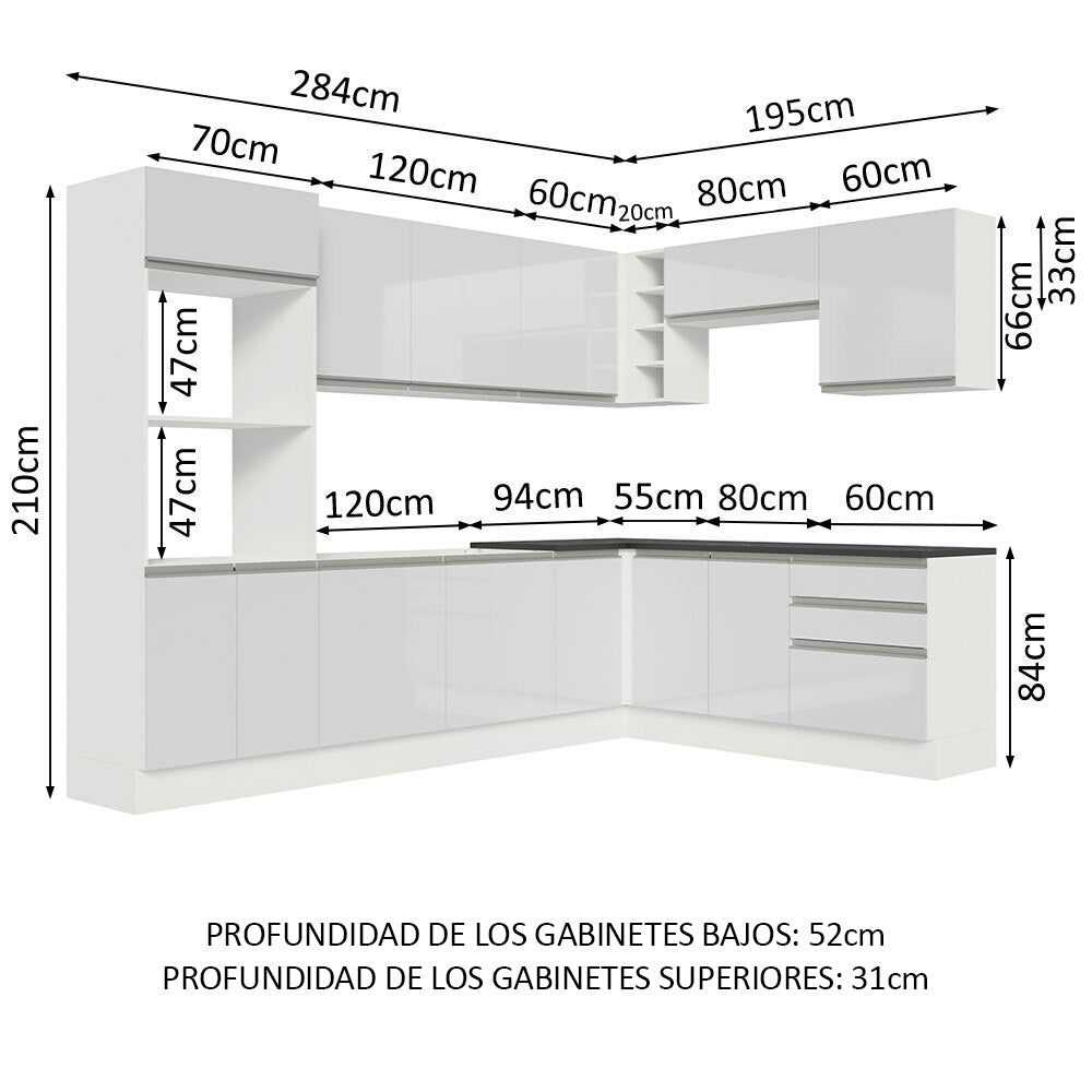 Combo Completo de Cocina Esquinera 100% MDF 479 cm Frentes Blanco Brillante Acordes Madesa 03