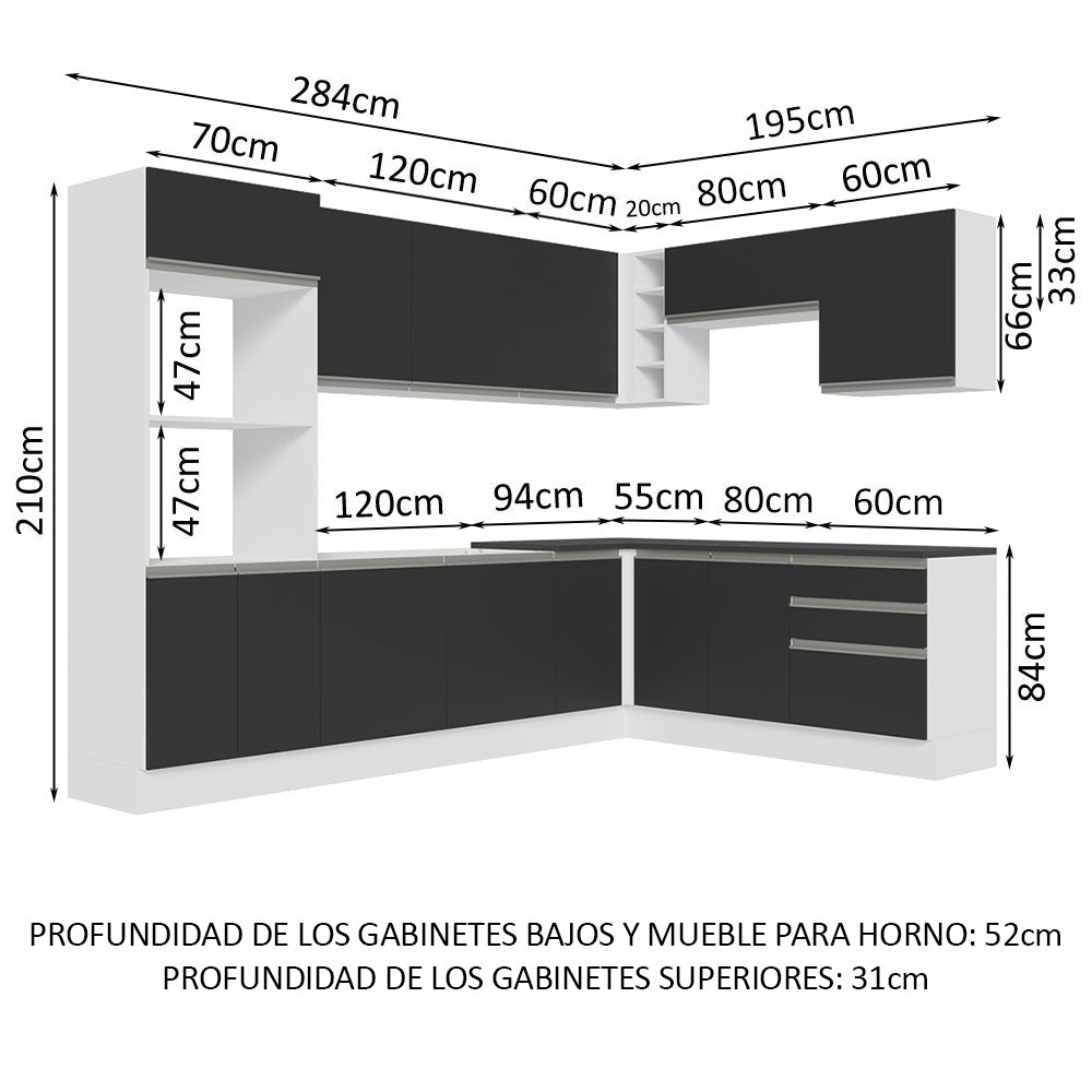 Combo Completo de Cocina Esquinera 100% MDF 479 cm Blanco/Negro Acordes Madesa 03