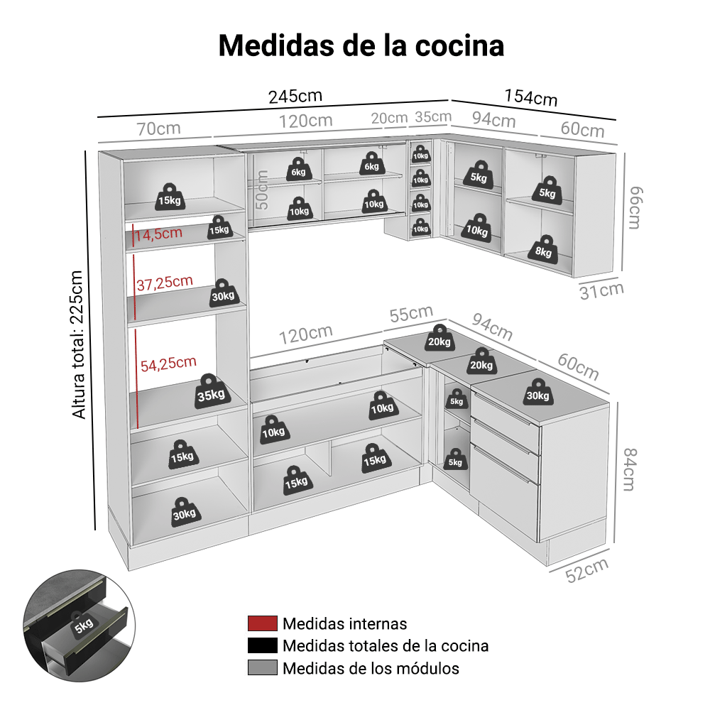 Combo completo de Cocina Esquinero 399 cm Blanco/Negro Lux Madesa 01