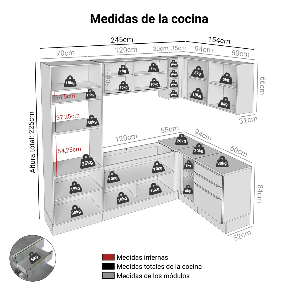 Combo completo de Cocina Esquinero 399 cm Blanco/Gris Lux Madesa 01