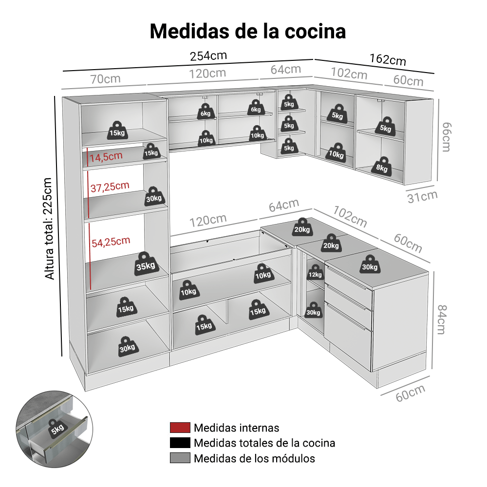 Combo completo de Cocina Esquinero 416 x 60 cm Blanco/Gris Lux Madesa 01