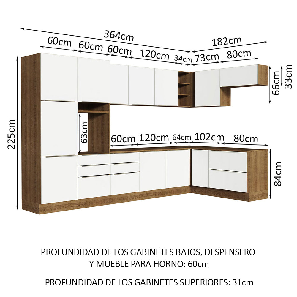 Combo Completo de Cocina Esquinera 546 x 60 cm Marrón/Blanco Aterciopelado Lux Madesa 05