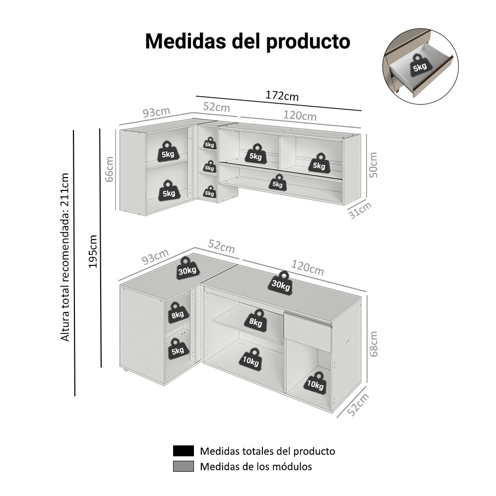 Combo de Cocina Esquinero 265 cm Sin Patas Nice Crema 04