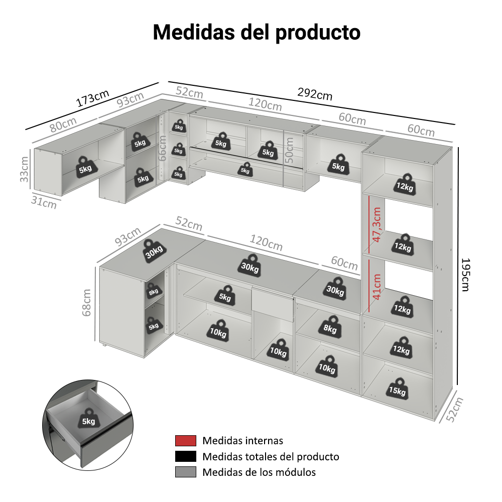 Combo completo de Cocina Esquinera Flotante 465cm Gris Nice Madesa 03