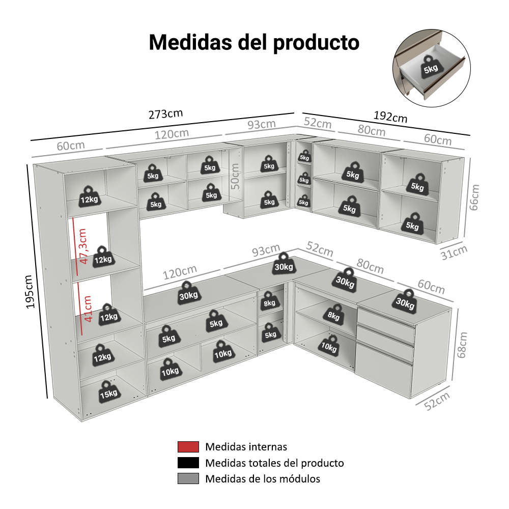 Combo de Cocina Esquinero 465 cm Sin Patas Nice Crema 10