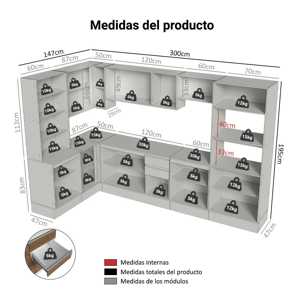 Combo completo de Cocina Esquinero 100% MDF 447 cm Blanco/Marrón/Crema Smart Madesa 02