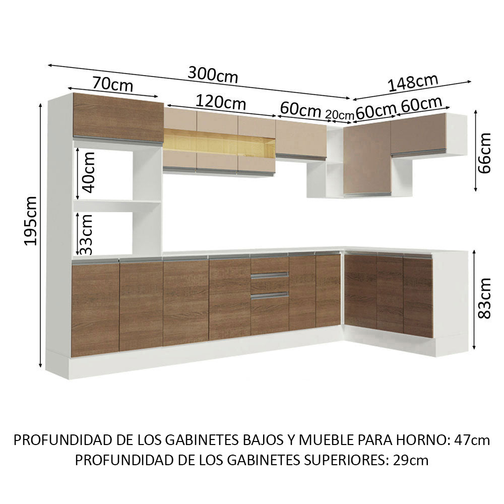 Combo Completo de Cocina Esquinera 100% MDF 448 cm Blanco/Marrón/Crema Smart Madesa 01