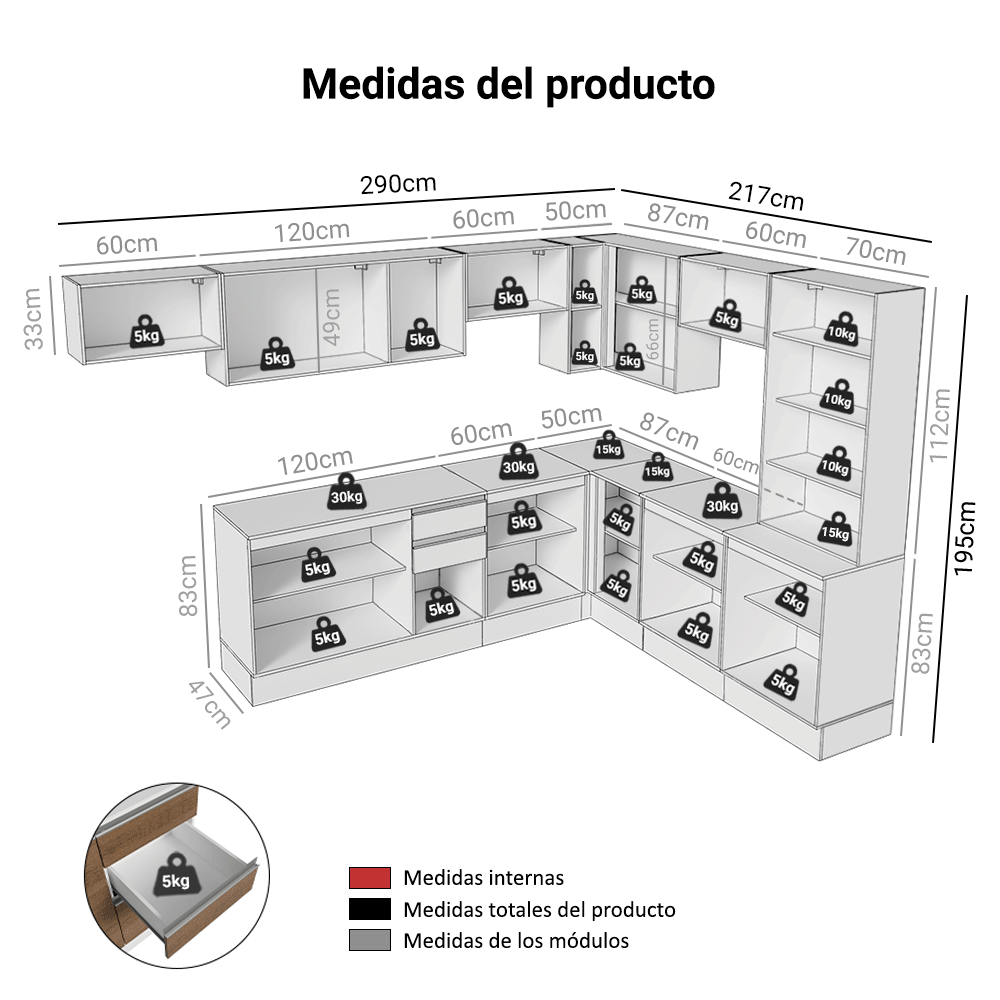 Combo completo de Cocina Esquinero 507 cm Blanco/Marrón/Crema Smart 100% MDF Madesa 01