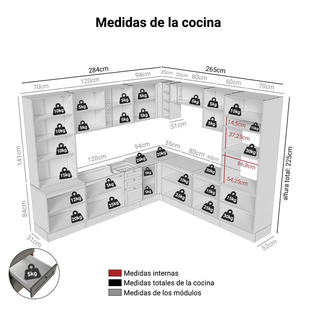 Combo completo de Cocina Esquinero 549 cm Marrón/Gris Vik Madesa 01