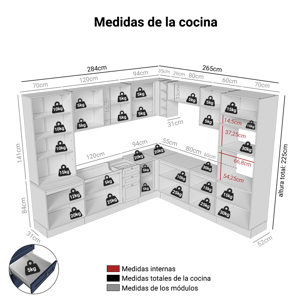 Combo completo de Cocina Esquinero 549 cm Blanco/Azul Vik Madesa 01