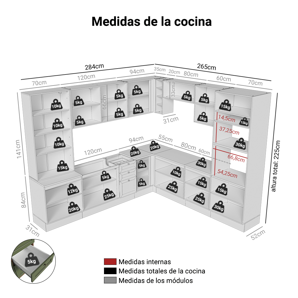 Combo completo de Cocina Esquinero 549 cm Marrón/Verde Vik Madesa 01