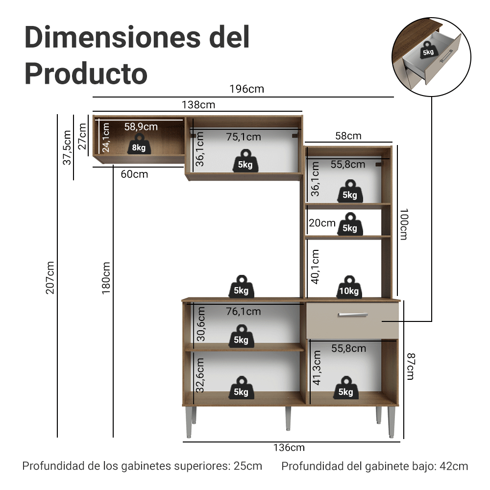 Cocina Compacta 196 cm Aura Marrón/Crema 01