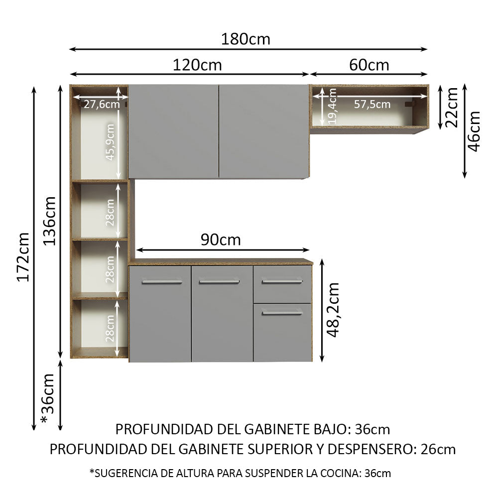 Cocina Compacta 180cm Marrón/Griz Easy Madesa