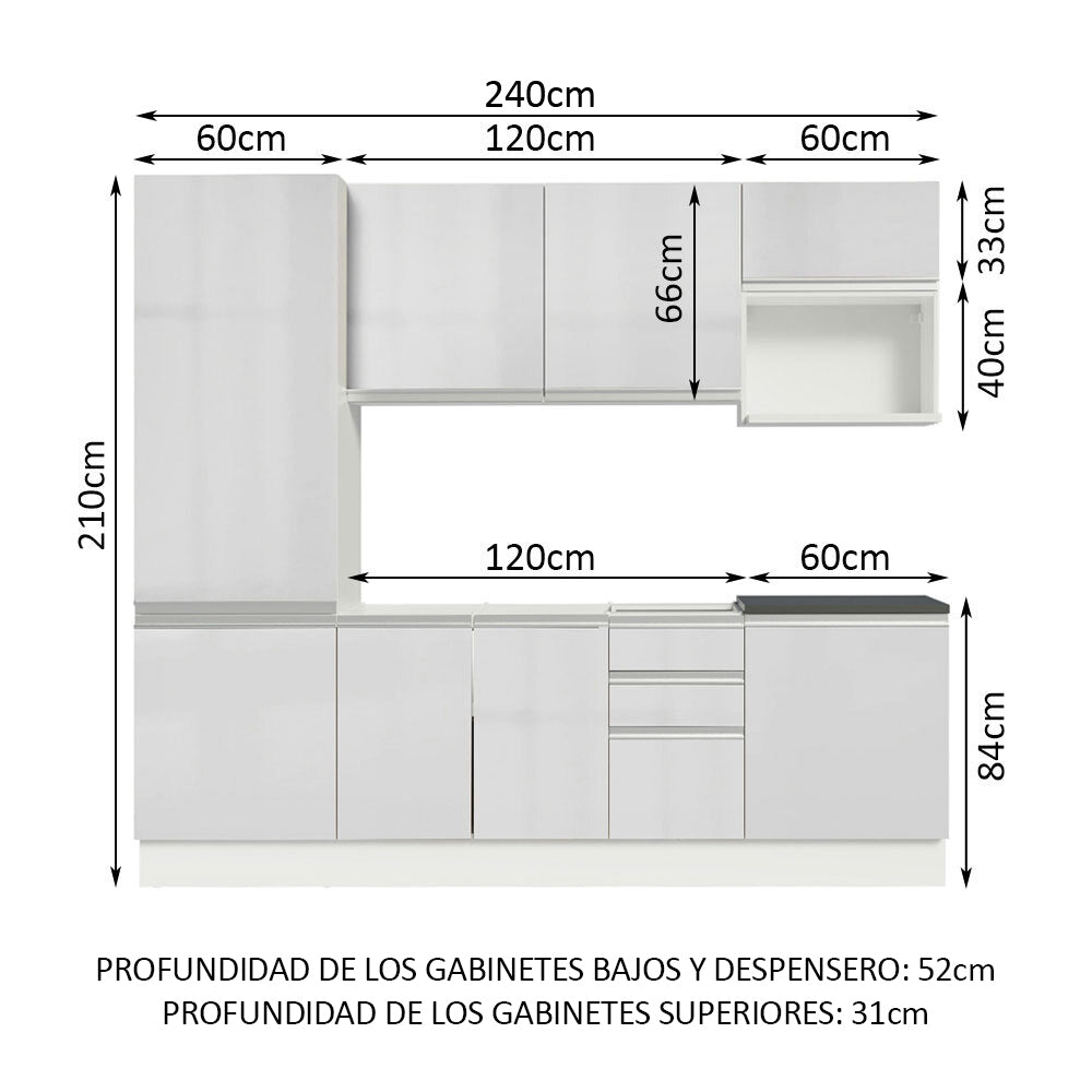 Combo Completo de Cocina 100% MDF 240 cm Frentes Blanco Brillante Acordes Madesa 01