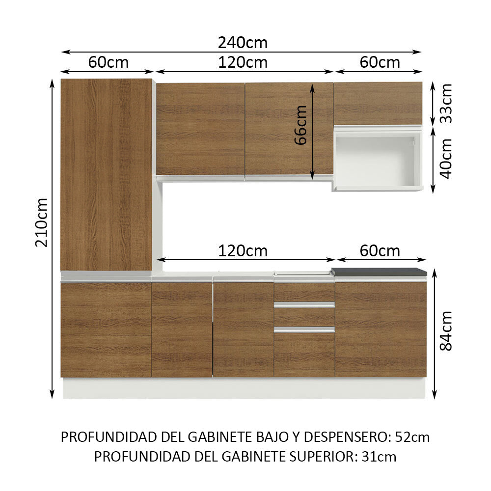 Combo Completo de Cocina 100% MDF 240 cm Blanco/Marrón Acordes Madesa 01