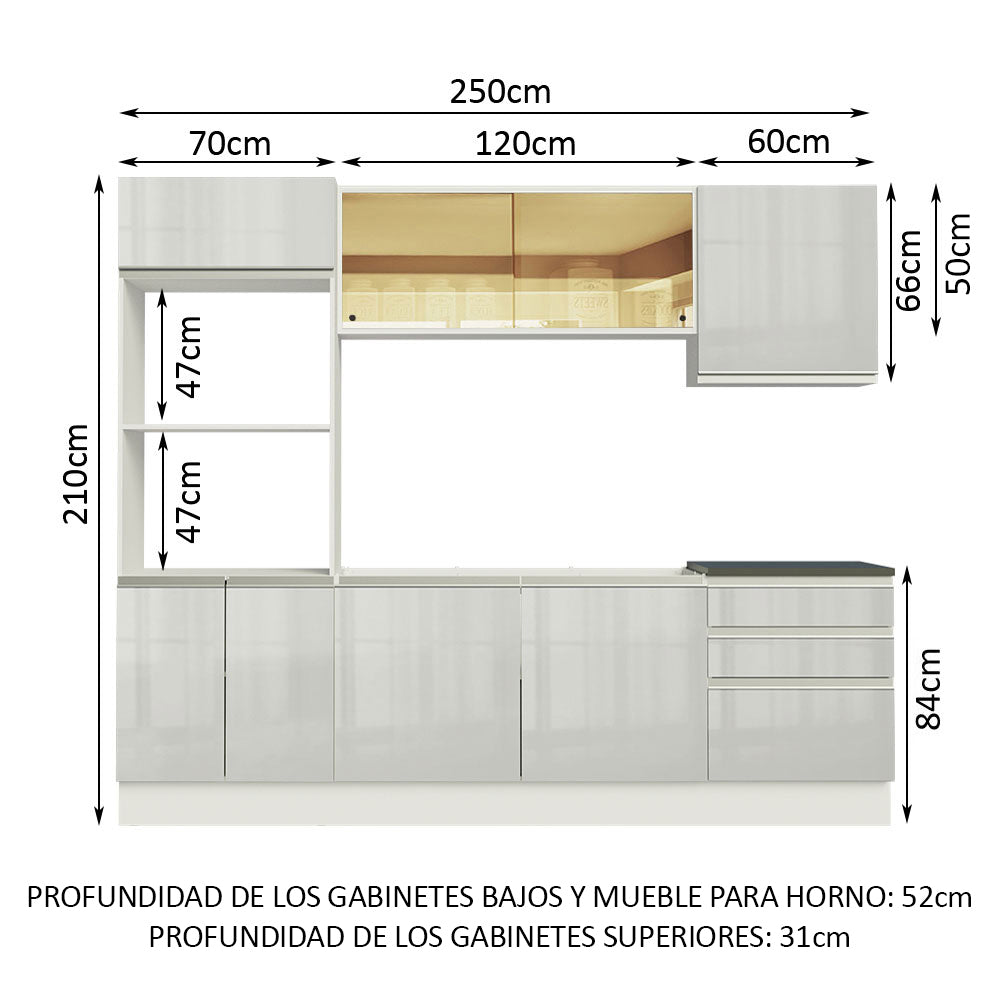 Combo Completo de Cocina 100% MDF 250 cm Frentes Blanco Brillante Acordes Madesa 01