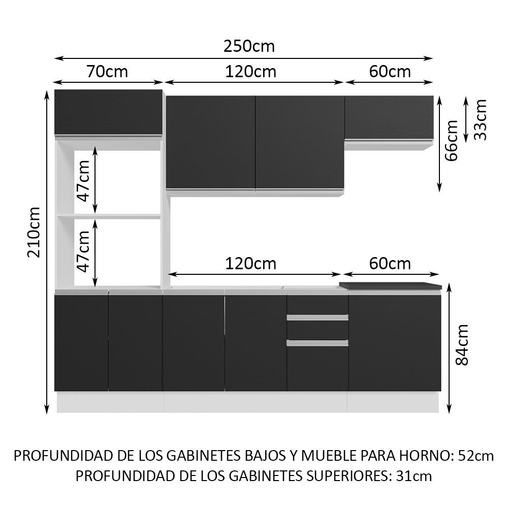 Combo Completo de Cocina 100% MDF 250 cm Blanco/Negro Acordes Madesa 03