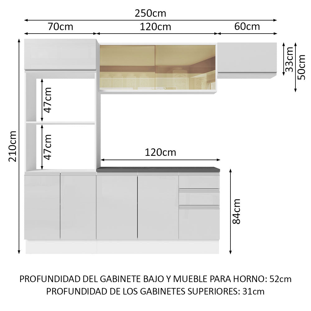 Combo Completo de Cocina 100% MDF 250 cm Frentes Blanco Brillante Acordes Madesa 04