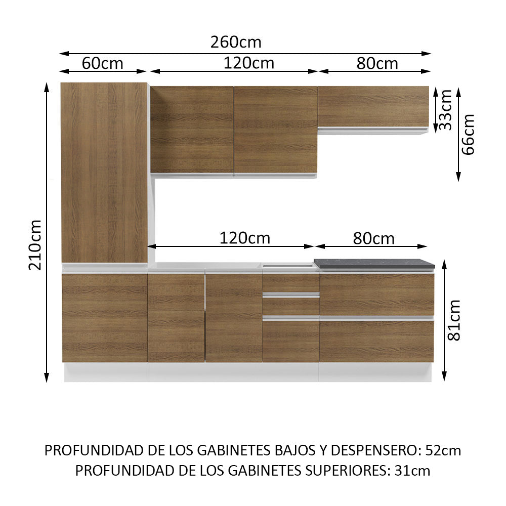 Combo Completo de Cocina 100% MDF 260 cm Blanco/Marrón Acordes Madesa 01