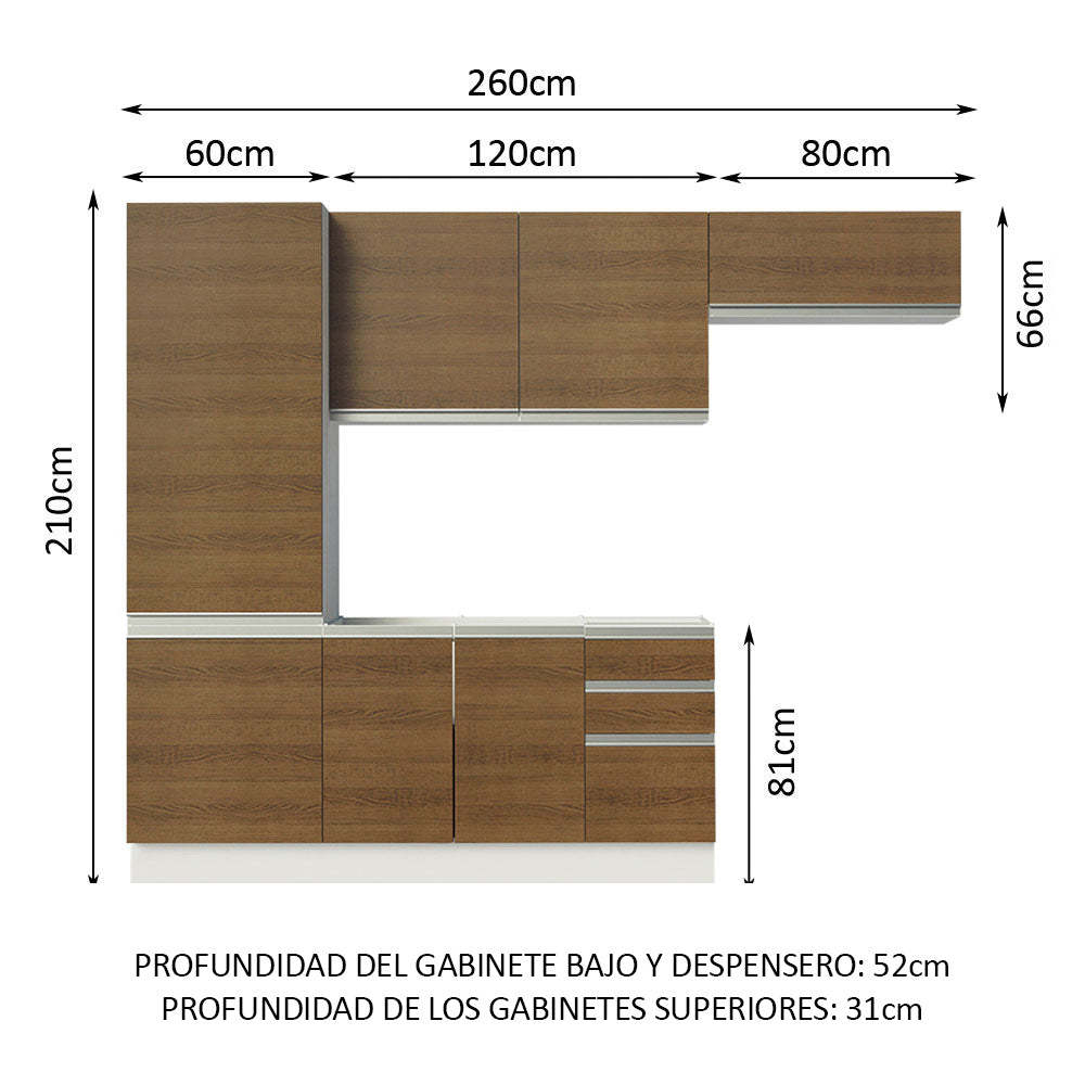 Cocina Compacta 100% MDF 260 cm Puetas Blanco/Marrón Acordes Madesa 02