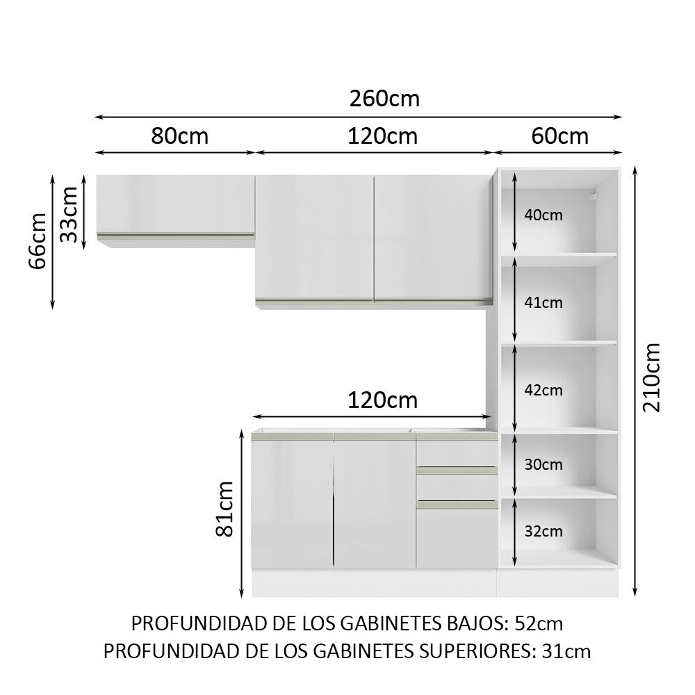 Combo Completo de Cocina 260 cm 100% MDF Frentes Blanco Brillante Acordes Madesa 04