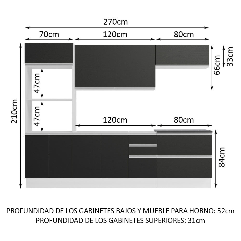 Combo Completo de Cocina 100% MDF 270 cm Blanco/Negro Acordes Madesa 06